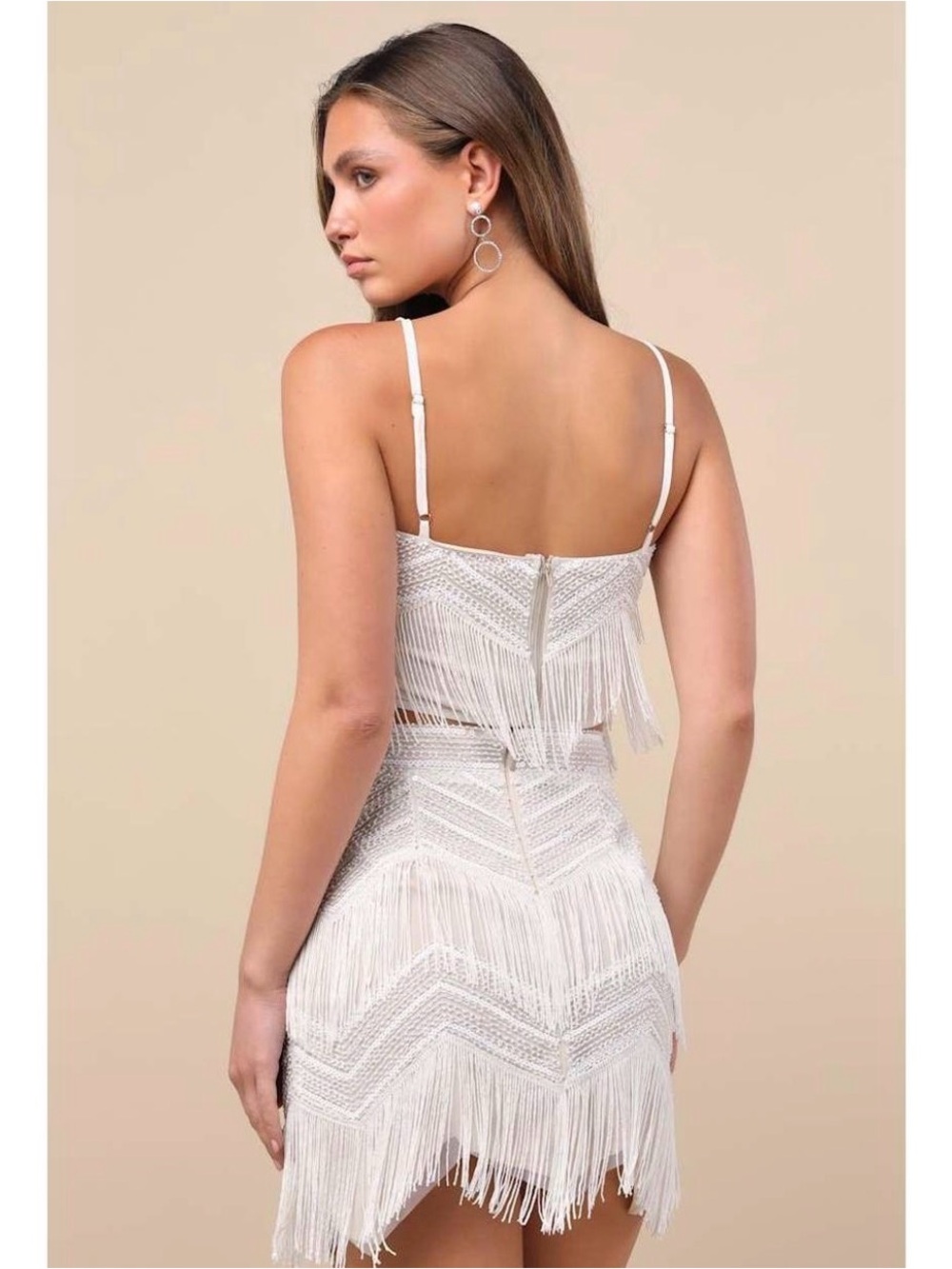 NWT Lulus Soiree Of The Decade White Cream Sequin Fringe Two-Piece- Small - Picture 2 of 8